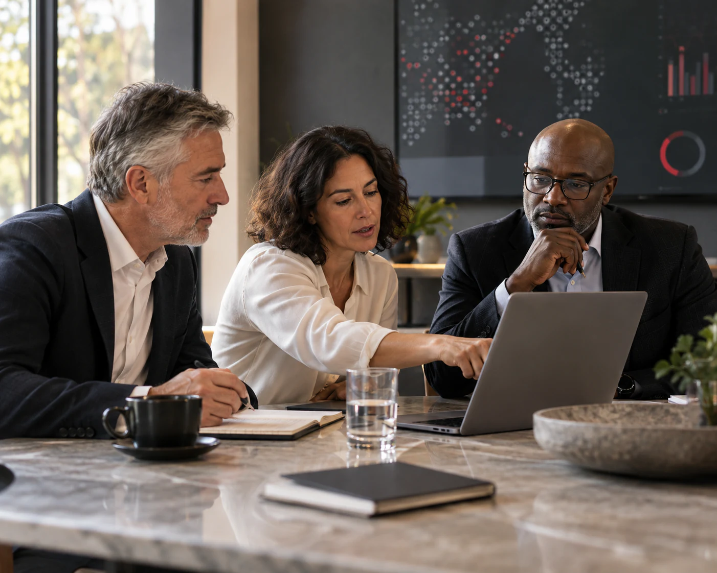 Senior advisors examining workforce insights together at a laptop